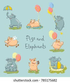 Vector illustration with set of cute elephants and pigs for greeting card design, t-shirt print, inspiration poster