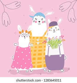 Vector illustration set of cute family of rabbit wearing in casual, spring summer time. Set of graphic elements for kids. Childish hand drawn bunny. Happy Mother's day. Greeting card, invitation.