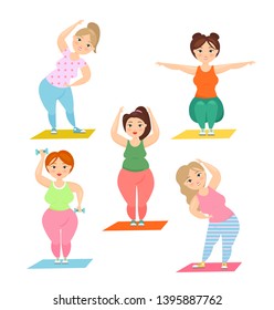 Vector illustration set of cute fat ladies doing sport. Fitness concept, healthy lifestyle, plus size curvy women doing exercise together, flat cartoon style.