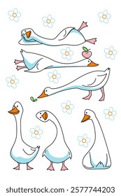 vector illustration set of cute flat geese in different poses. characters for stickers