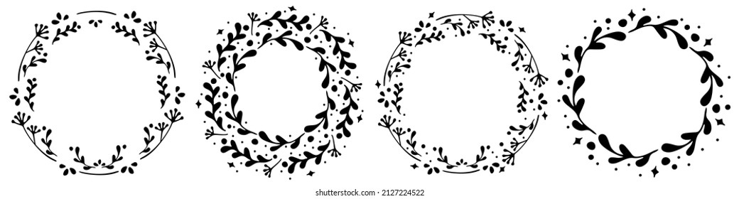 Ilustración vectorial. Conjunto de tiernos resortes florales y coronas estivales con hojas y ramas aisladas en blanco. Clíparte del doodle dibujado a mano. Perfecto para tarjetas, banner, proyectos de boda, invitaciones.