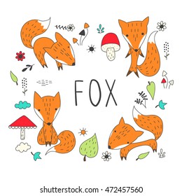 Vector illustration of a set of cute fox and forest plants. Cartoon fox isolated on white.  Funny hand drawn cartoon characters.