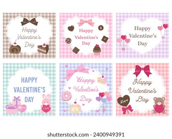 Vector illustration set of cute frames for Valentine's day. ribbons, gingham, hearts, sweets, lace