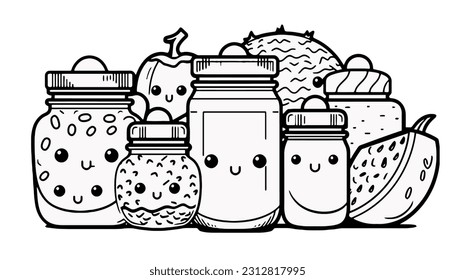 Ilustración vectorial, Set Illustration of Cute Fruit Jam, lineart