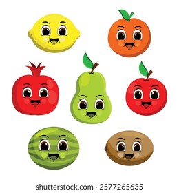 Vector illustration of a set of cute fruits with a funny face.