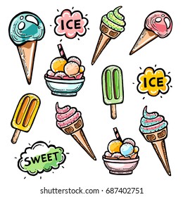 Vector illustration. Set of cute and fun ice cream stickers, badges, icons design elements.