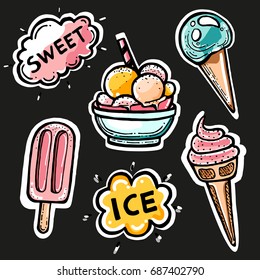 Vector illustration. Set of cute and fun ice cream stickers, badges, icons design elements.