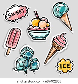 Vector illustration. Set of cute and fun ice cream stickers, badges, icons design elements.