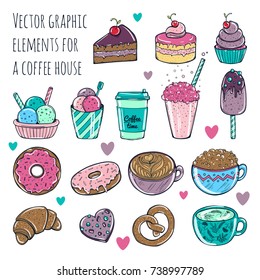 Vector illustration. Set of cute and fun ice cream stickers, badges, icons.