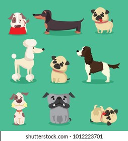 Vector illustration set of cute and funny cartoon breed of dog- dachshund, pug, poodle, bulldog and spaniel