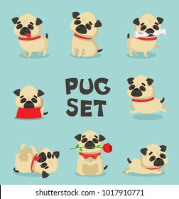 Vector illustration set of cute and funny cartoon little pug pupies.