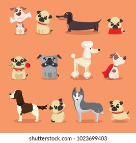 Vector illustration set of cute and funny cartoon breed of dog