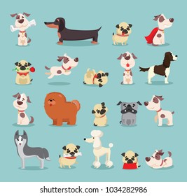 Vector illustration set of cute and funny cartoon breed of dog