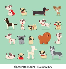 Vector illustration set of cute and funny cartoon breeds of dog