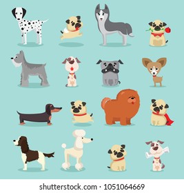 Vector illustration set of cute and funny cartoon breed of dog- dachshund, pug, poodle, bulldog, chihuahua, chow chow ,spaniel and other