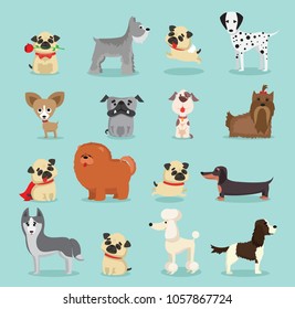 Vector illustration set of cute and funny cartoon dog breeds 