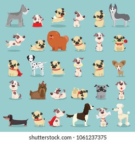 Vector illustration set of cute and funny cartoon breeds of dog