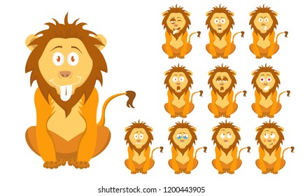 Vector illustration set of cute and funny cartoon little brown wild lion with facial Expressions