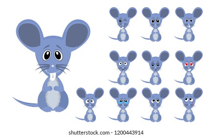 Vector illustration set of cute and funny cartoon little grey mouse with facial Expressions