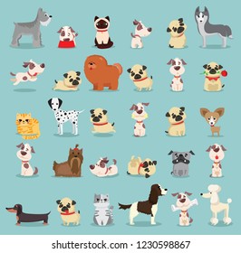 Vector illustration set of cute and funny cartoon pets breed of dogs and cats