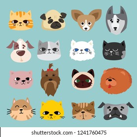 Vector illustration set of cute and funny cartoon pet faces. Different breed of dogs and cats in the flat style