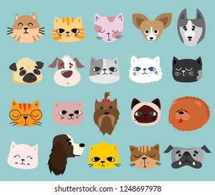 Vector illustration set of cute and funny cartoon pet heads faces. Different breed of dogs and cats in the flat style