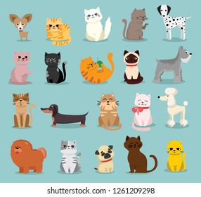Vector illustration set of cute and funny cartoon pet characters. Different breed of dogs and cats in the flat style 