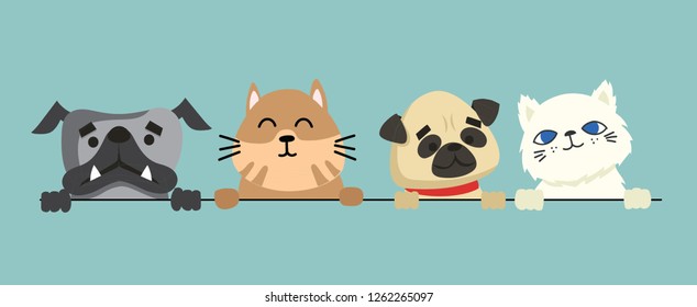 Vector illustration set of cute and funny cartoon pet characters. Different breed of dogs and cats in the flat style