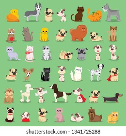 Vector illustration set of cute and funny cartoon pet characters. Different breed of dogs and cats in the flat style 