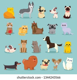 Vector illustration set of cute and funny cartoon pet characters. Different breed of dogs and cats in the flat style 