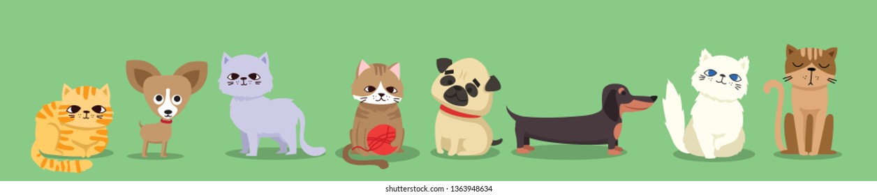 Vector illustration set of cute and funny cartoon pet characters. Different breed of dogs and cats in the flat style 