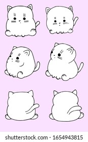 Vector illustration. Set with a cute funny kittens from different angles isolated on a light pink background. Hand drawn simple doodle lineart. 