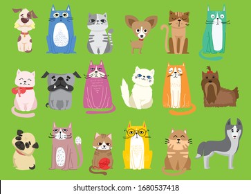 Vector illustration set of cute and funny cartoon pet characters. Different breed of dogs and cats in the flat style