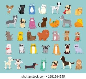 Vector illustration set of cute and funny cartoon pet characters. Different breed of dogs and cats in the flat style