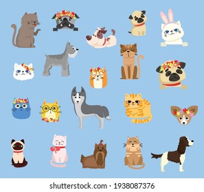 Vector Illustration Set Of Cute And Funny Cartoon Pet Characters. Different Breed Of Dogs And Cats In The Flat Style