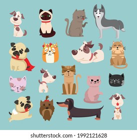 Vector illustration set of cute and funny cartoon pet characters. Different breed of dogs and cats in the flat style