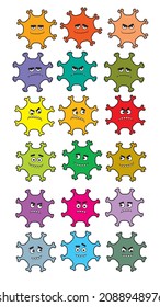 vector illustration, set of cute and funny characters, different strains of viruses of different colors on a white background