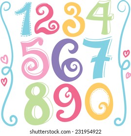 Vector illustration, Set of cute and funny cartoon numerals numbers for children