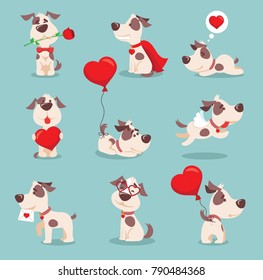 Vector illustration set of cute and funny cartoon little Valentine dogs-pupies in love with heart, rose, wings and balloon