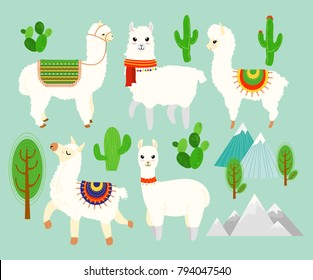 Vektorgrafik-Set von Cute lustigen Alpacas und Lamas mit Kaktuselementen, Berge auf blauem Hintergrund. Schöne Lamas im Cartoon-Stil.