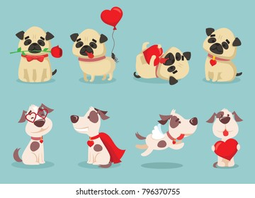 Vector illustration set of cute and funny cartoon little Valentine dogs-pupies in love