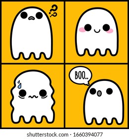 Vector illustration. Set of cute ghosts with different emotions on a yellow background.