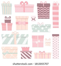Vector illustration set of cute gifts of different shapes and colors. Boxes with bows of delicate colors. Cartoon decorations for the festive background.