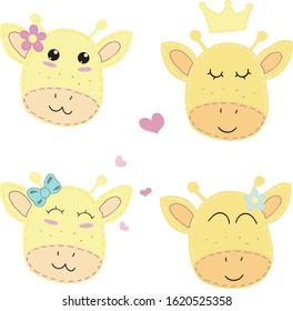 vector illustration, set of cute giraffe faces