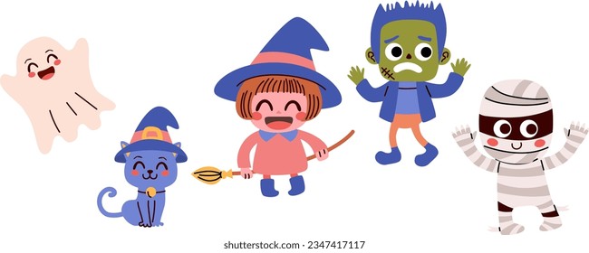 Vector illustration set of cute Halloween characters. Ghost, cat, with, monster and mummy kawaii costumes