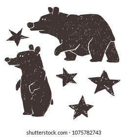 Vector illustration set of cute hand drawn bears and stars