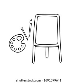  Ilustración vectorial. Conjunto de adorables roscas sin pintar con paleta y pinceles aislados en blanco. Elementos de afición. Suministros de dibujo. Sencilla fachada de doodle en un estilo minimalista moderno.