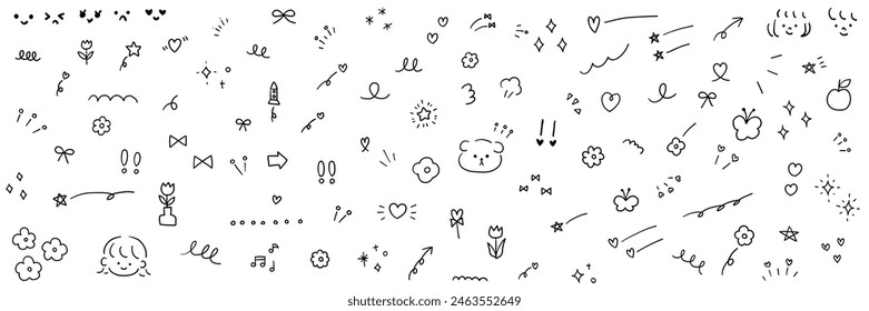 Vector illustration set of cute hand drawn ornament illustrations. Children, glitter, decoration, flowers, dog, stars, hearts