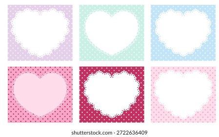 Conjunto de Ilustración vectorial de lindos marcos de encaje de corazón. Punto, encantador, patrón de lunares