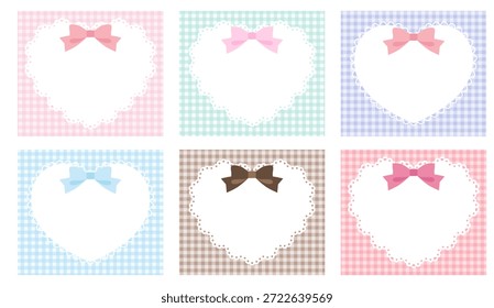 Conjunto de Ilustración vectorial de lindos marcos de encaje de corazón con cintas. Cheque Gingham